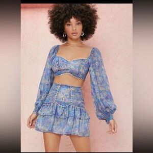 SHEIN VCAY Floral Lantern Sleeve Top & Layered Hem Skirt Set